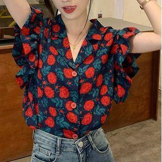 Short-sleeve Floral Ruffle Shirt Blue - One Size