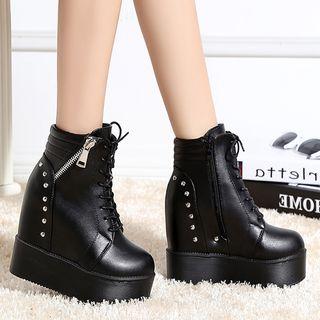 Zipper Platform Hidden Wedge Lace Up Short Boots