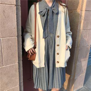 Houndstooth Tie-neck Long-sleeve Pleated Dress