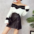 V-neck Knit Top + Faux-leather Skirt