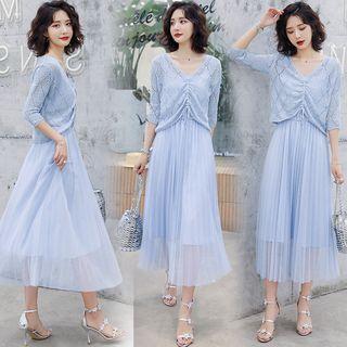 Set: Elbow-sleeve Knit Top + Strappy Midi A-line Dress