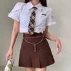Short-sleeve Frill Trim Crop Shirt / Plaid Tie / Mini Skirt / Set