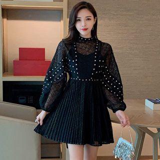 Lantern-sleeve Mini Lace Pleated Dress