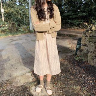 Cardigan / Long-sleeve Plaid Midi Shift Dress
