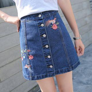 Floral Embroidered Buttoned A-line Denim Skirt