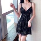 Spaghetti Strap Rhinestone Mini A-line Dress