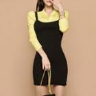 Set: Long-sleeve Buttoned Top + Spaghetti Strap Mini Bodycon Dress
