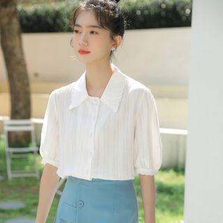 Elbow-sleeve Collared Button-up Blouse