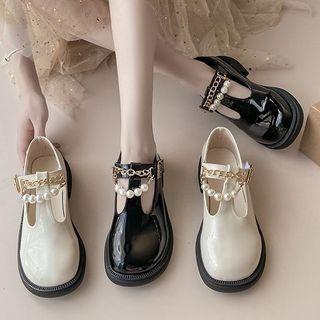 Block Heel Faux Pearl Chain T-strap Mary Jane Pumps