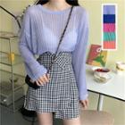 Long-sleeve Sheer Knit Top / Irregular Checked A-line Mini Skirt