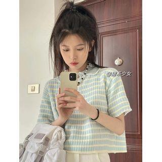 Cropped Knit Striped Short-sleeve Polo Shirt