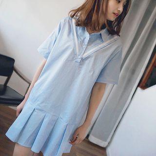 Pleated Hem Striped Short Sleeve Shirtdress