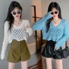 Long-sleeve Pointelle Knit Top / Faux Leather Shorts