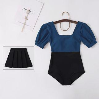 Set: Two-tone Short-sleeve Swimsuit + Swim Skirt