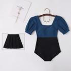Set: Two-tone Short-sleeve Swimsuit + Swim Skirt
