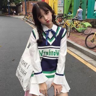 Striped Trim V-neck Knit Vest / Tie-neck Shirt