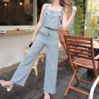 Set: Sleeveless Ruffled Top + Wide-leg Pants Sky Blue - One Size
