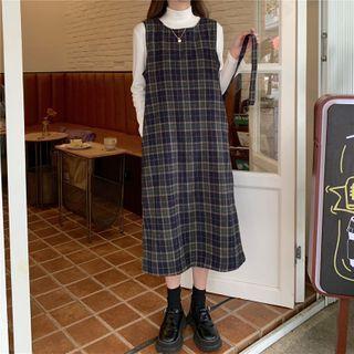 Mock-neck Top / Plaid Jumper Dress