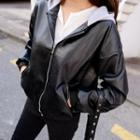 Contrast-hooded Faux-leather Bomber Jacket