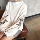 High Neck Puff Sleeve Embroidered Sweater