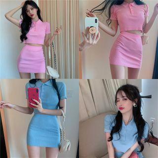 Set: Short-sleeve Knit Cropped Polo Shirt + Mini Pencil Skirt