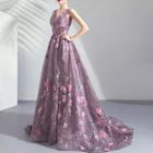 Sleeveless Embroidered Rose Trained A-line Evening Gown