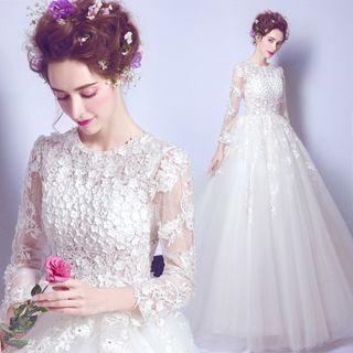3/4-sleeve Lace A-line Wedding Gown
