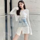 Long-sleeve Plain T-shirt / Mini Denim Panel A-line Skirt
