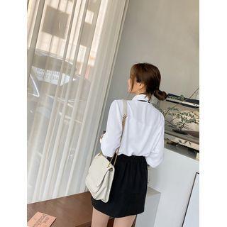 Faux-pearl Flap Stitched Blouse With Tie