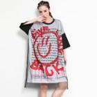 Elbow-sleeve Lettering Mesh T-shirt Dress As Shown In Figure - One Size