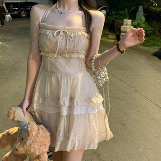 Halter Bow Detail Lace Trim Mini A-line Dress