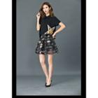 Set: Sequined Star Short-sleeve Collared Blouse + Star Print Organza A-line Skirt