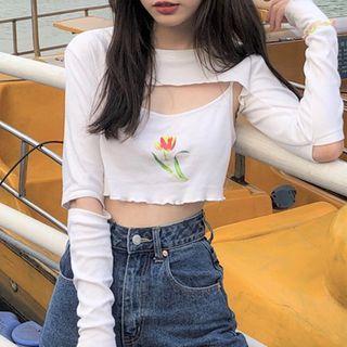 Set: Long-sleeve Crop Top + Flower Print Cropped Camisole Top Set Of 2 - Top & Camisole Top - Flower Print - White - One Size