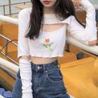 Set: Long-sleeve Crop Top + Flower Print Cropped Camisole Top Set Of 2 - Top & Camisole Top - Flower Print - White - One Size
