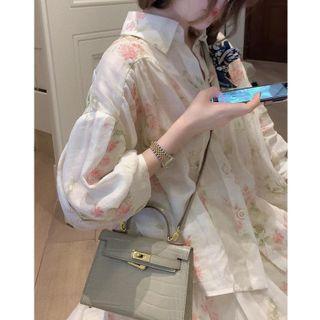 Set: Elbow-sleeve Floral Shirt + Midi A-line Skirt
