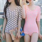 Elbow-sleeve Dotted Swimsuit