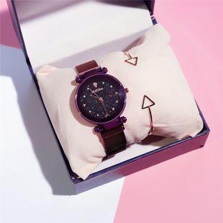 Set: Glitter Milanese Strap Watch + Triangle Open Bangle