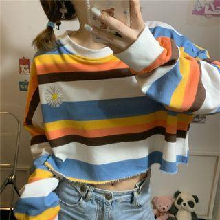 Floral Embroidered Striped Cropped Pullover