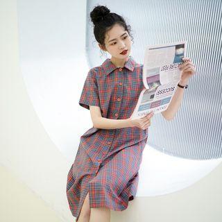 Polo Collar Plaid Shirt Dress Red Blue - One Size