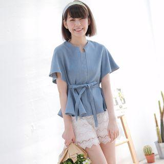 Short-sleeve Tie-waist Denim Top