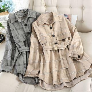 Belted Plaid Buttoned Jacket