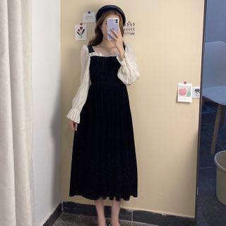 Long-sleeve Frill Trim Midi A-line Dress Black - One Size