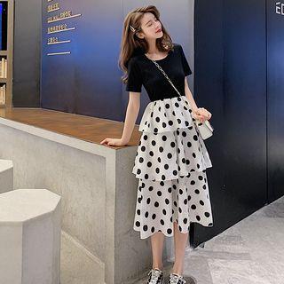 Mock Two-piece Dotted Short-sleeve Tiered Dress