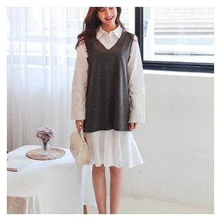 Set: V-neck Sleeveless Knit Top + Ruffle-hem Shirtdress