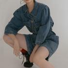 Collared 3/4-sleeve Denim Playsuit With Belt