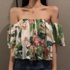 Flower Print Off-shoulder Blouse As Shown In Figure - One Size