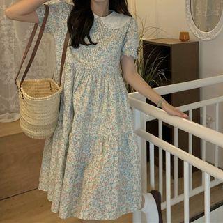 Short-sleeve Collar Embroidered Floral Dress Floral - Green & Blue & Pink - One Size