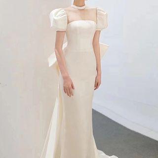 Puff-sleeve Bow Mermaid Wedding Gown