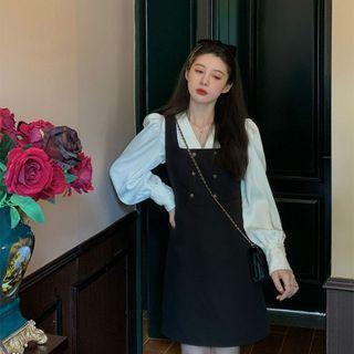 Lantern-sleeve Blouse / Mini A-line Overall Dress / Midi Dress / Set