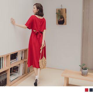 Elastic Waist Cutout Back Midi Dress